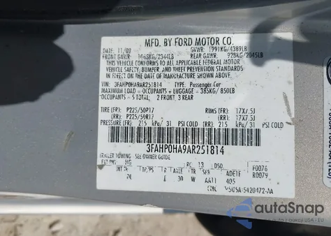 2010 Ford Fusion Se z USA, uszkodzony, nr VIN 3FAHP0HA9AR251814